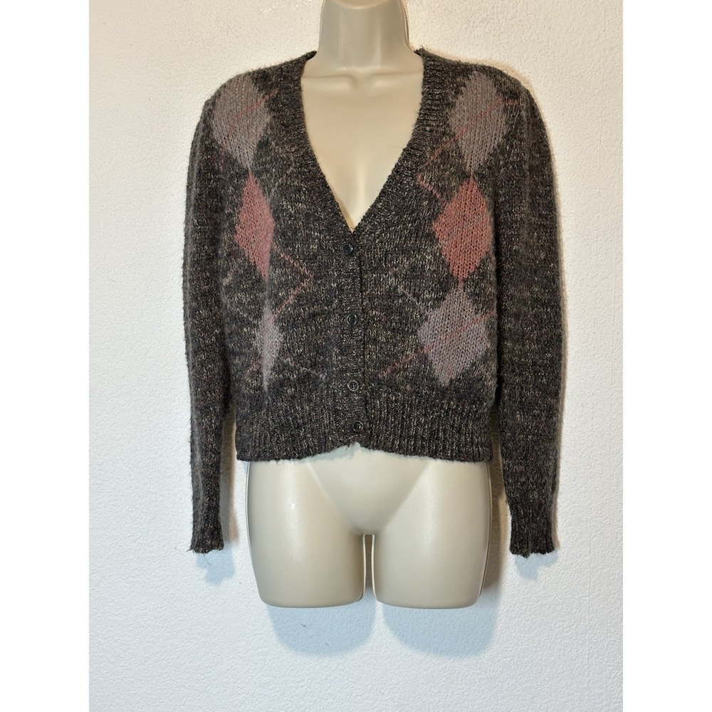 Vtg Brown‎ & Pink Argyle Cardigan Long Sleeve Sweater Preppy Academia Size Large